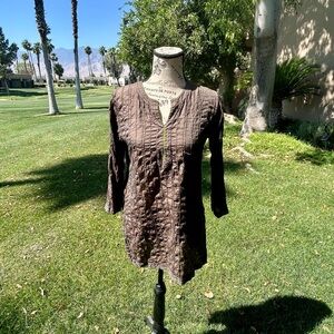 ANOKHI 100% Silk Tunic Top Brown Crinkle Kantha Stitch Boho Kurta Small India
